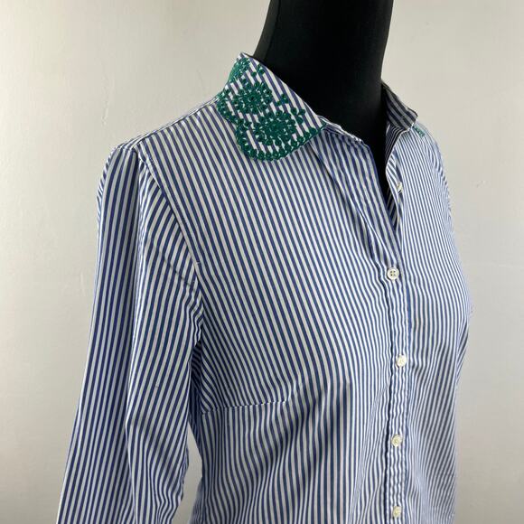 J.Crew Perfect Eyelet Trim Stripe Shirt Blue White Embroidered Button Down Sz 2 - Picture 5 of 10